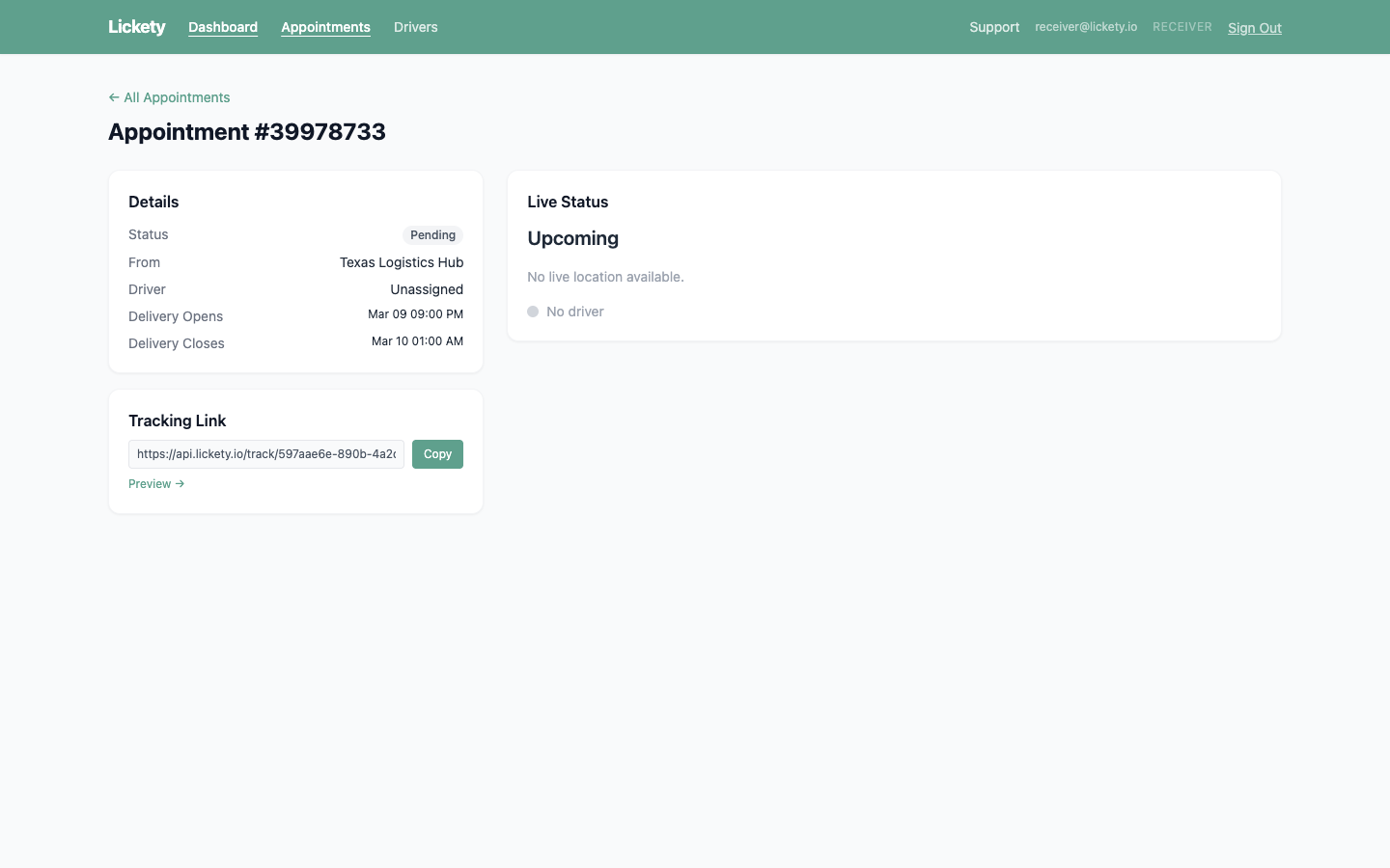 Lickety receiver portal showing an appointment's details, live status, and shareable tracking link