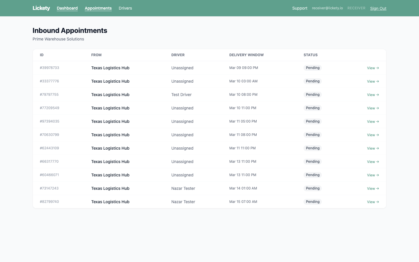 Appointments list showing all inbound loads
