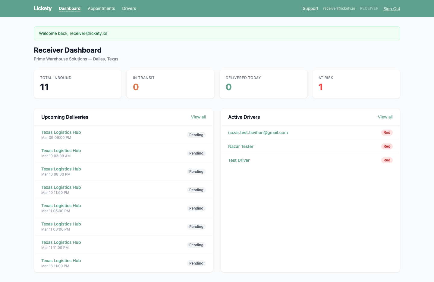 Lickety receiver portal dashboard showing inbound appointments, active drivers, and at-risk status