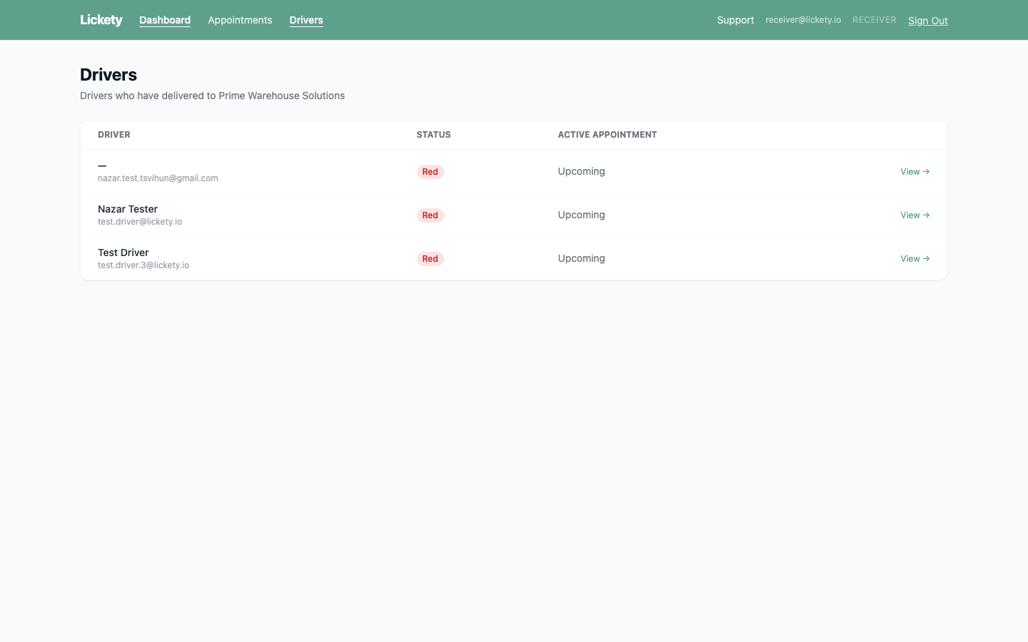 Drivers list with status colors and active appointments