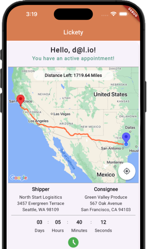 Lickety app showing real-time delivery tracking